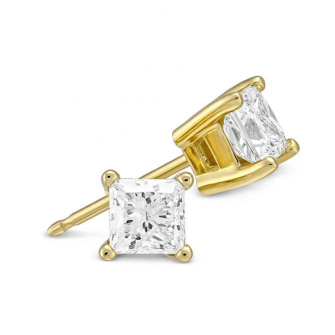 Princess Diamond Stud Earrings in Yellow Gold, 0.75 cttw