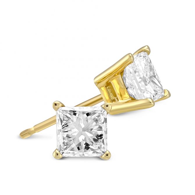 Princess Diamond Stud Earrings in Yellow Gold, 1.25 cttw