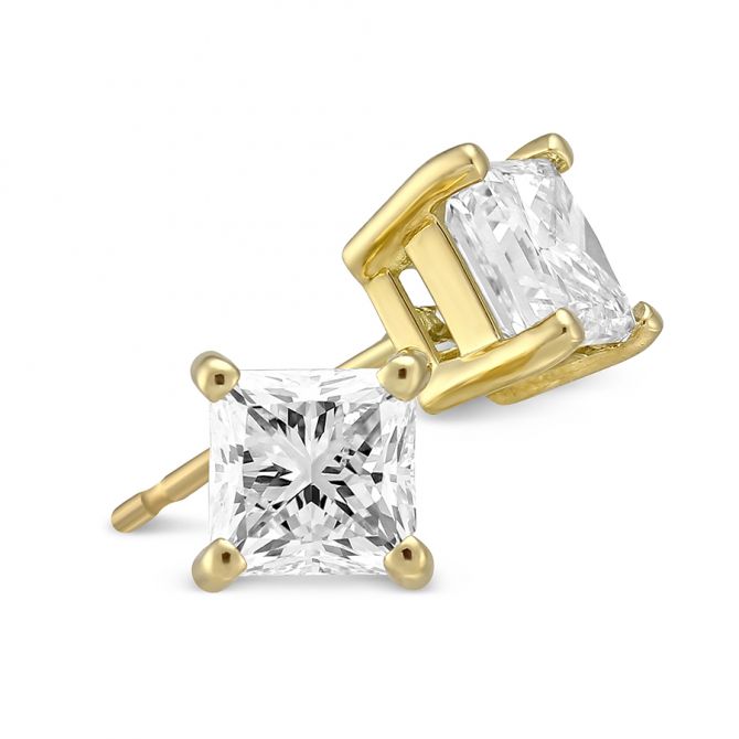 Princess Diamond Stud Earrings in Yellow Gold, 1.50 cttw