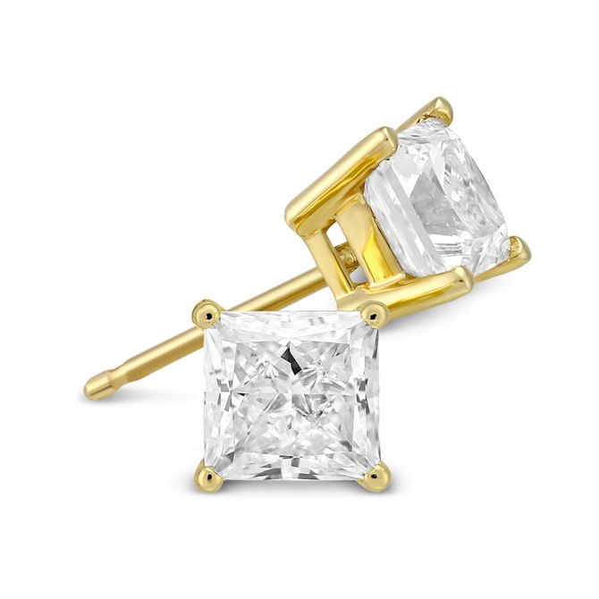 18K Yellow Gold Princess Diamond Stud Earrings, 2.00cttw