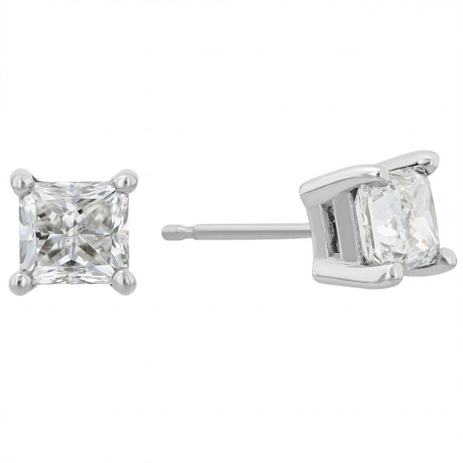 Princess Cut Diamond Stud Earrings in White Gold, 1.60 approx cttw