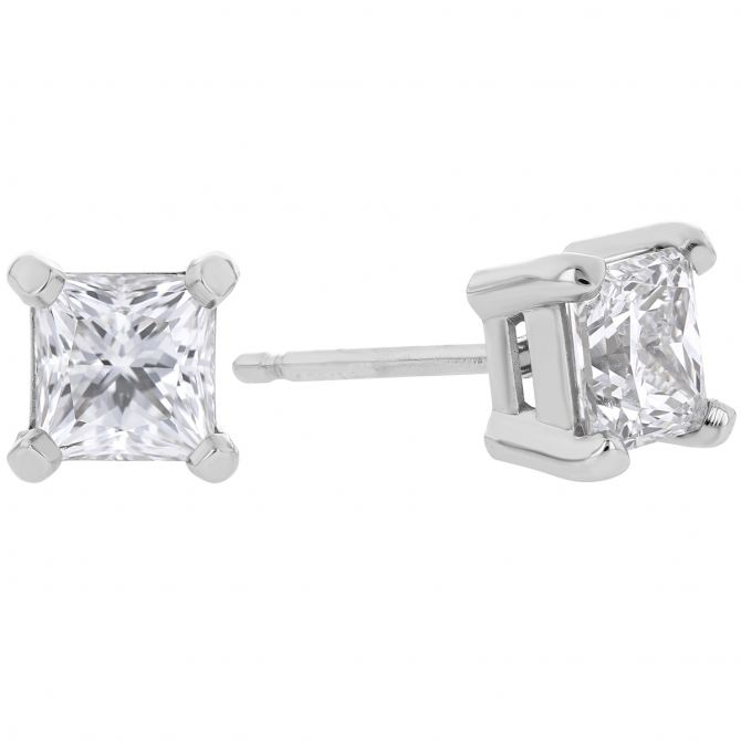 Princess Cut Diamond Stud Earrings in White Gold, .95 approx cttw