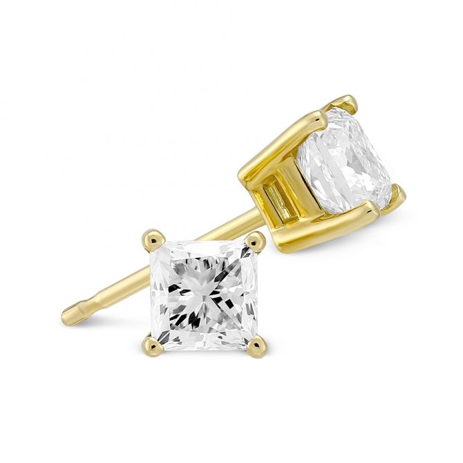 Princess Diamond Stud Earrings in Yellow Gold, 0.85 cttw