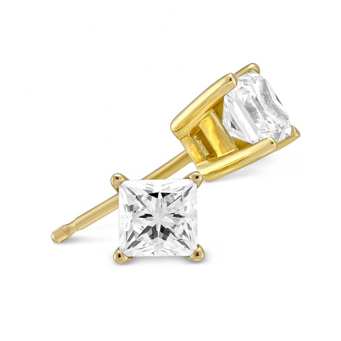 Princess Diamond Stud Earrings in Yellow Gold, 1.00 cttw