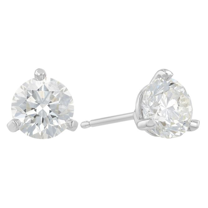 Round Diamond Stud Earrings in 18K White Gold, LM/I1, 1.80 cttw