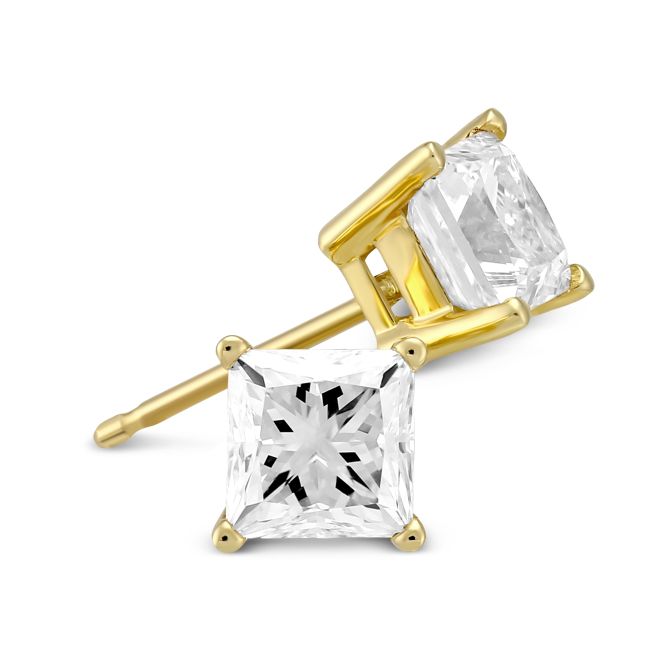 Princess Cut Diamond Stud Earrings in Yellow Gold, 1.94 cttw