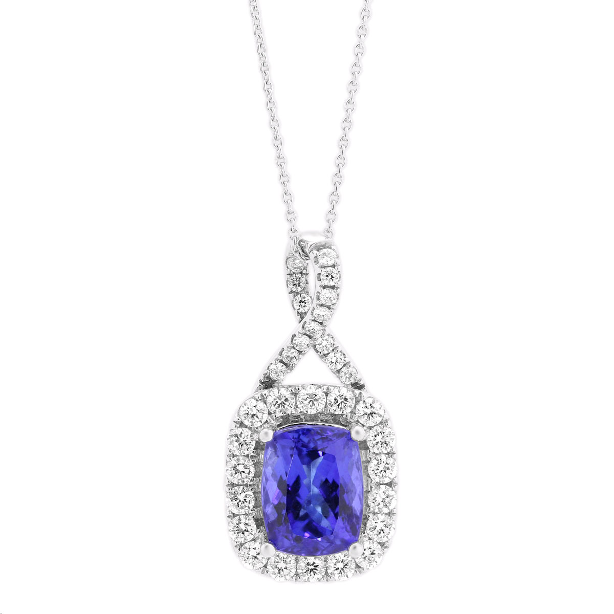 Cushion Tanzanite & Diamond Halo Pendant with Looped Bail in White Gold ...