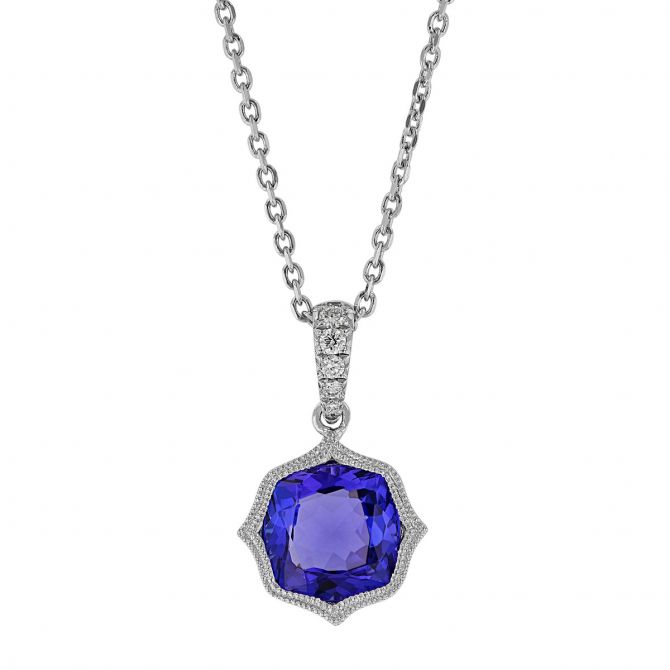 Cushion Tanzanite Quatrefoil Pendant with Diamond Bail in White Gold, 18"