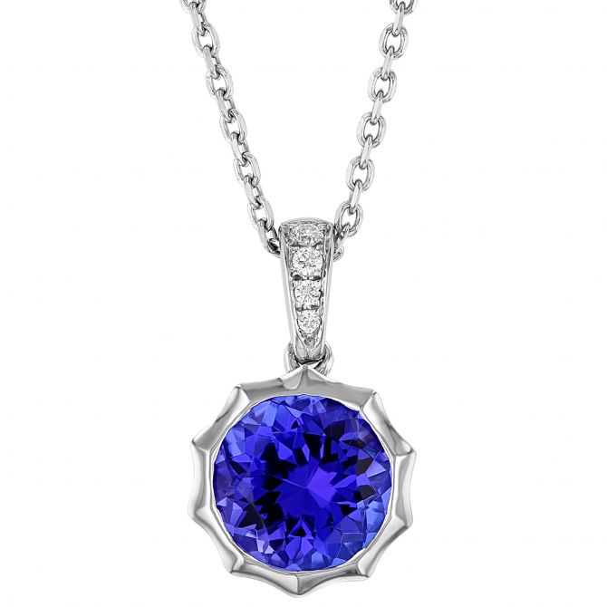 Round Tanzanite Pointed Bezel Pendant with Diamond Bail in White Gold, 18"