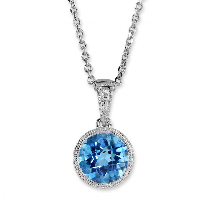 14K White Gold Round Blue Topaz Bezel Set Pendant, 18"