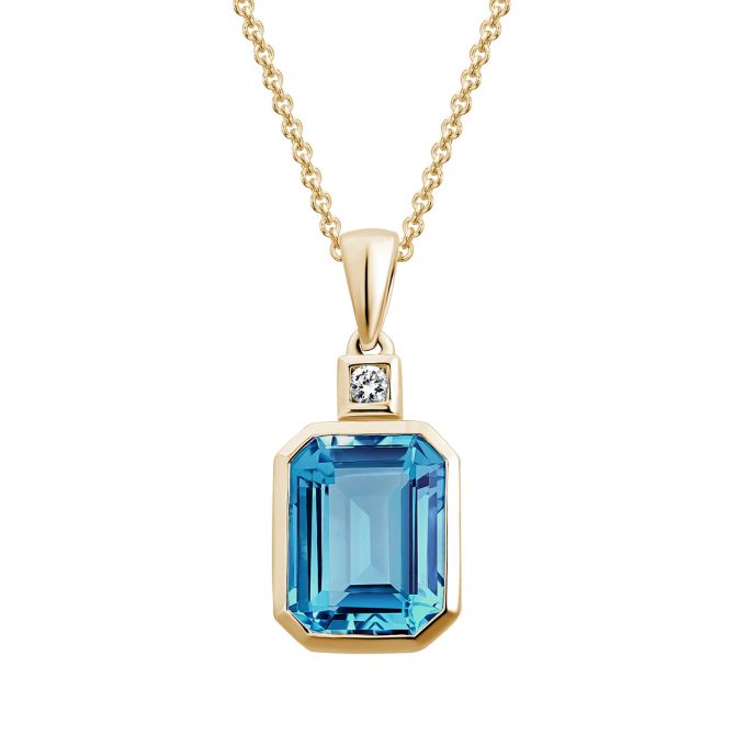 Emerald Cut Blue Topaz Pendant with Diamond Bail in Yellow Gold, 18"