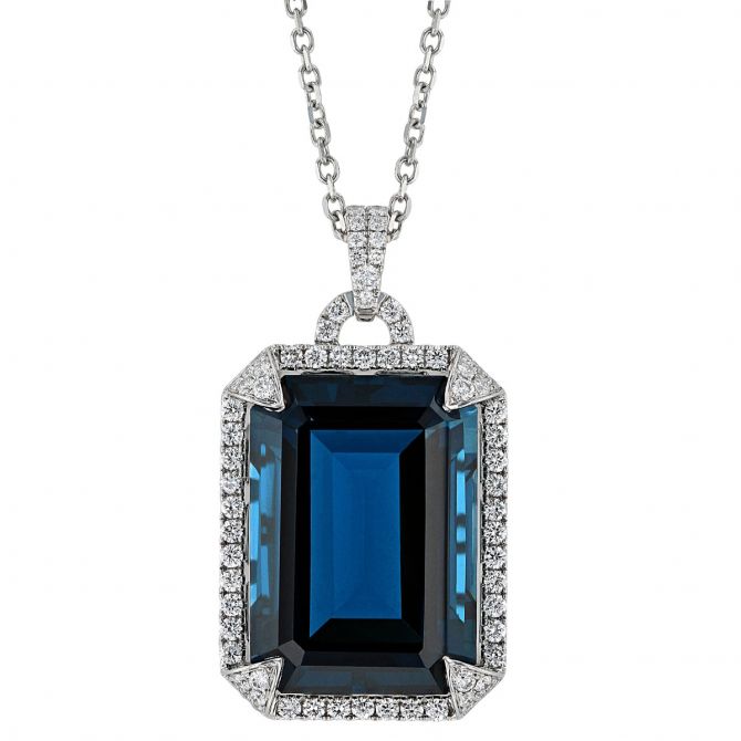 Emerald Cut Blue Topaz  & Diamond Frame Pendant in White Gold, 16"