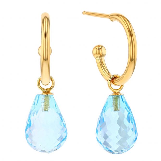 Topaz Checkerboard Briolette Dangle Hoop Earrings in Yellow Gold