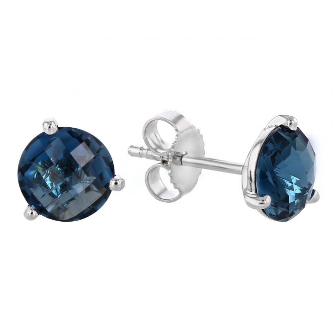 Round London Blue Topaz Stud Earrings in White Gold