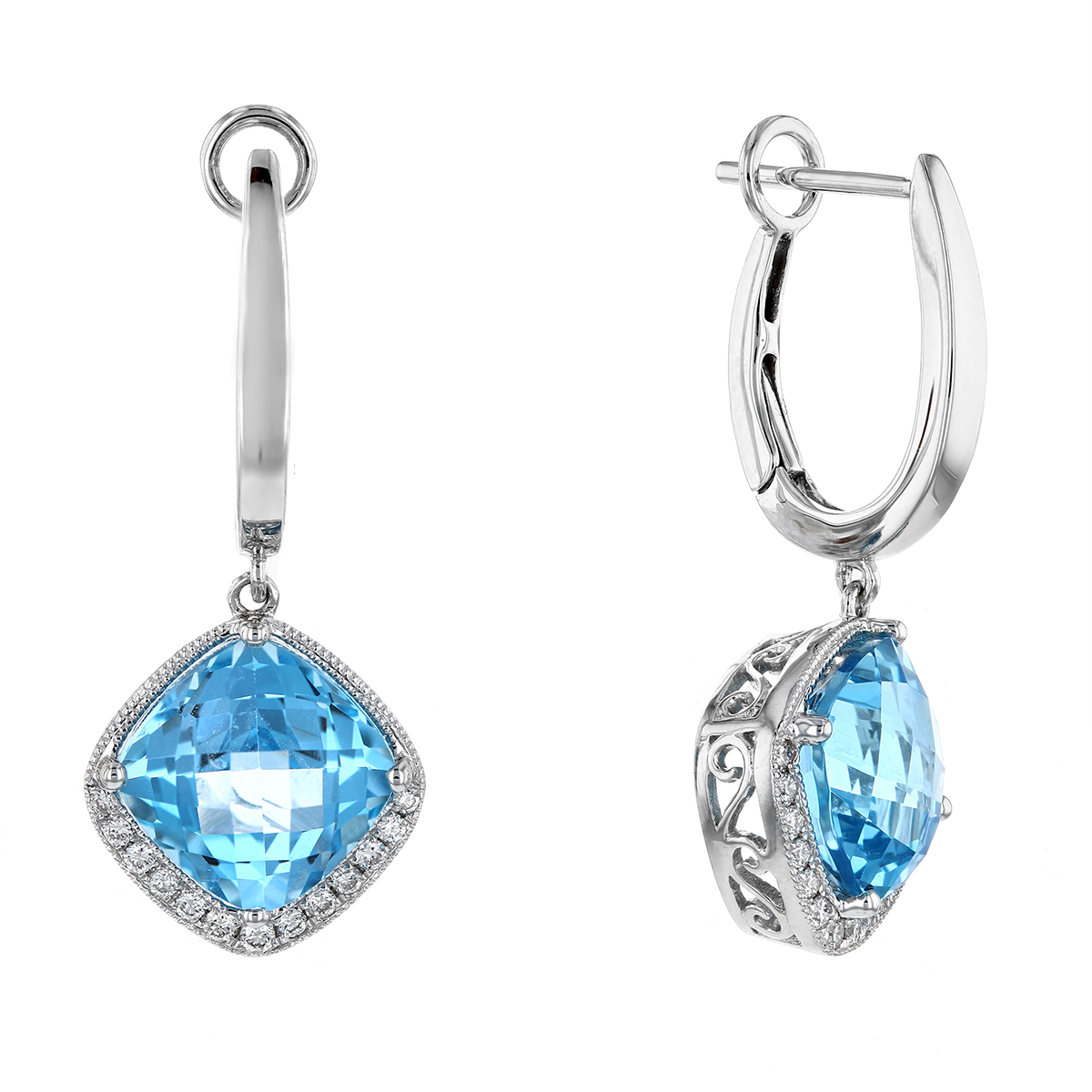 14K White Gold Checkerboard Cushion Blue Topaz & Diamond Halo Dangle ...