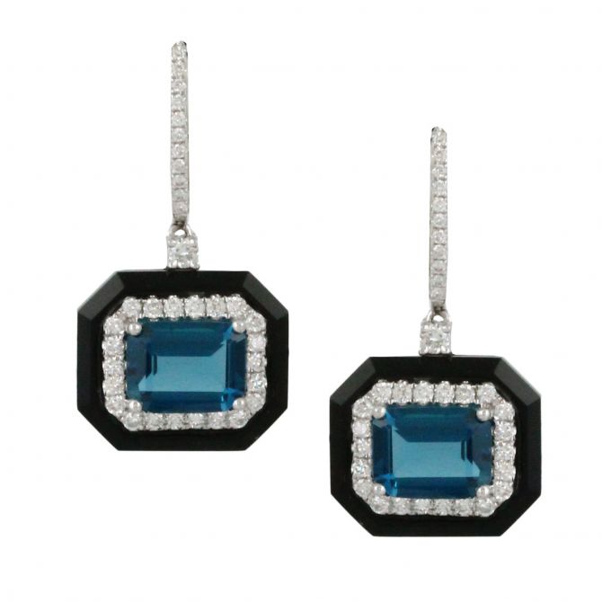 Doves Emerald Cut London Blue Topaz Diamond Black Onyx Dangle