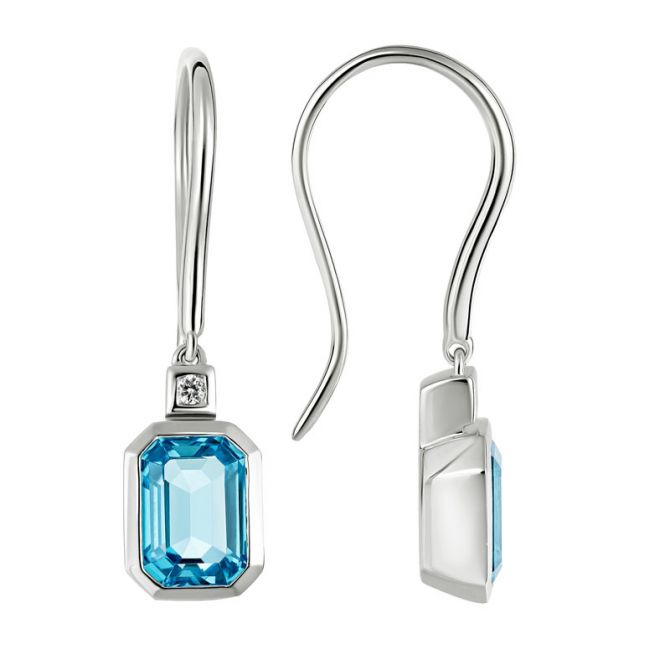 Emerald Cut Blue Topaz & Diamond Accent Dangle Earrings in White Gold