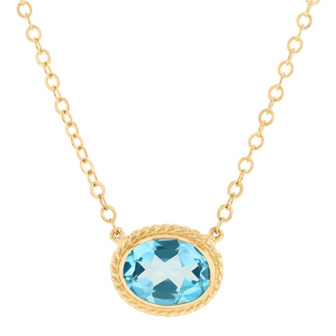 Oval Blue Topaz Rope Bezel Necklace in Yellow Gold, 19"