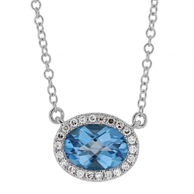 Oval Blue Topaz Necklace with Diamond Halo in White Gold, 18"