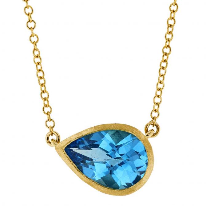 Pear Shaped East West Topaz Necklace in Satin Yellow Gold, 18"