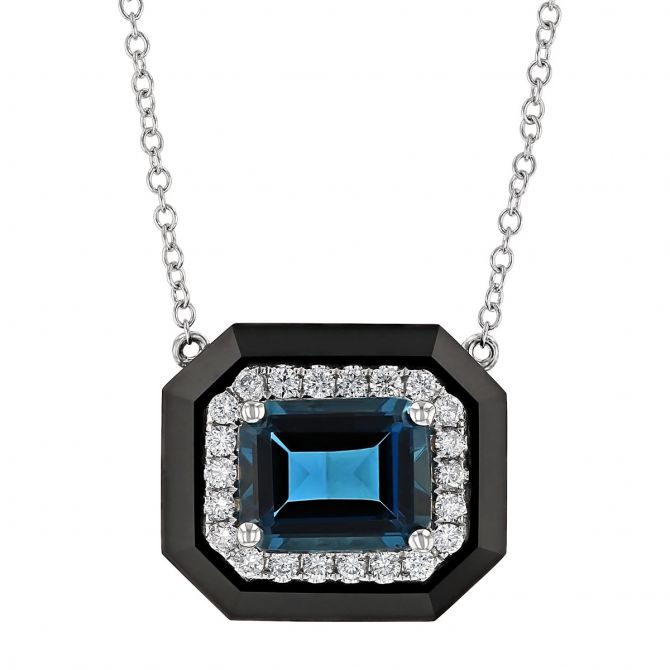 Doves Emerald Cut London Blue Topaz, Diamond & Black Onyx Necklace in White Gold