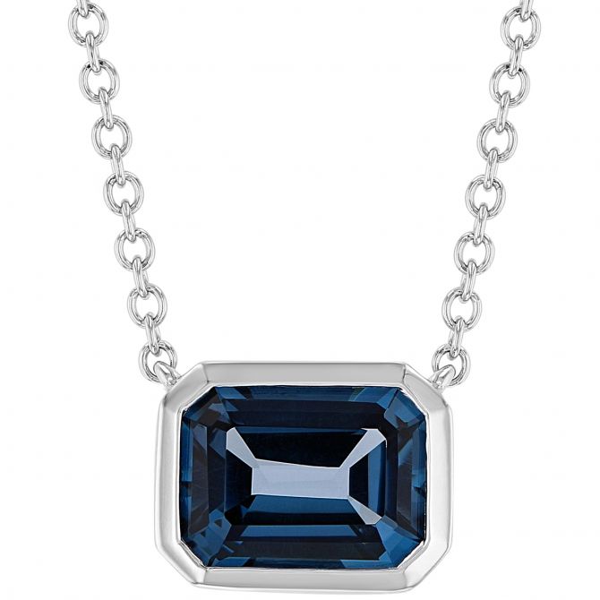 Emerald Cut London Blue Topaz Bezel Set necklace in White Gold, 18"