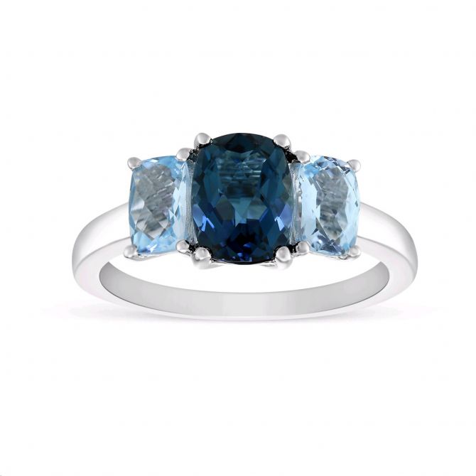 Cushion Blue Topaz 3 Stone Ring in White Gold