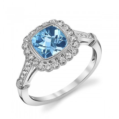 Cushion Blue Topaz Ring with Diamond Milgrain Halo & Pavé Shank in ...