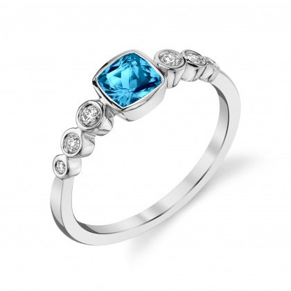 Cushion Blue Topaz Ring with Diamond Bezel Set Shank in White Gold ...