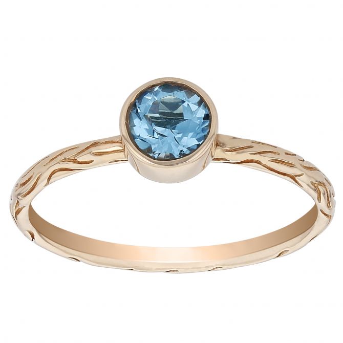 Round Blue Topaz Bezel Set Ring in Rose Gold with Bark Patterned Shank