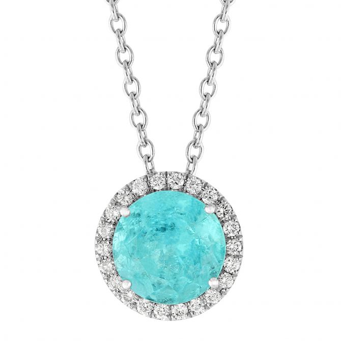 Paraiba Tourmaline & Diamond Halo Pendant in White Gold, 18"