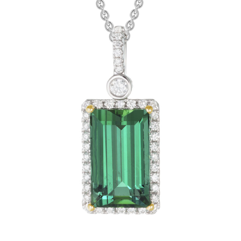 Green Tourmaline Baguette & Diamond Frame Pendant in White Gold, 18 ...