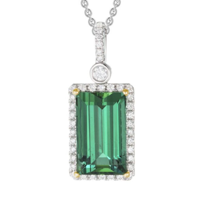 Green Tourmaline Baguette & Diamond Frame Pendant in White Gold, 18"