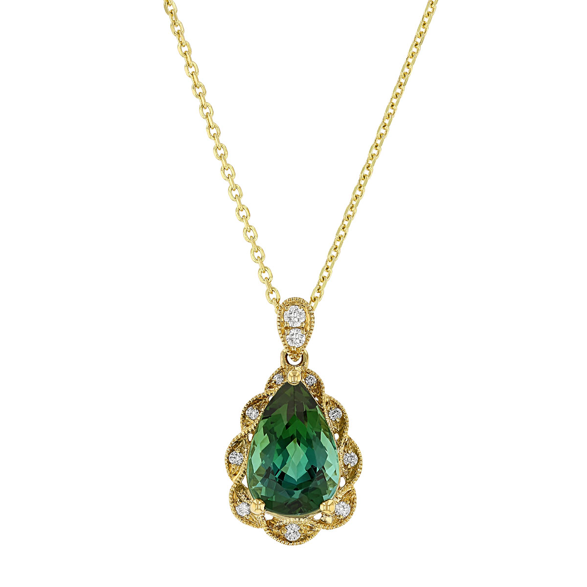 Pear Shaped Green Tourmaline Pendant with Diamond Milgrain Frame in ...