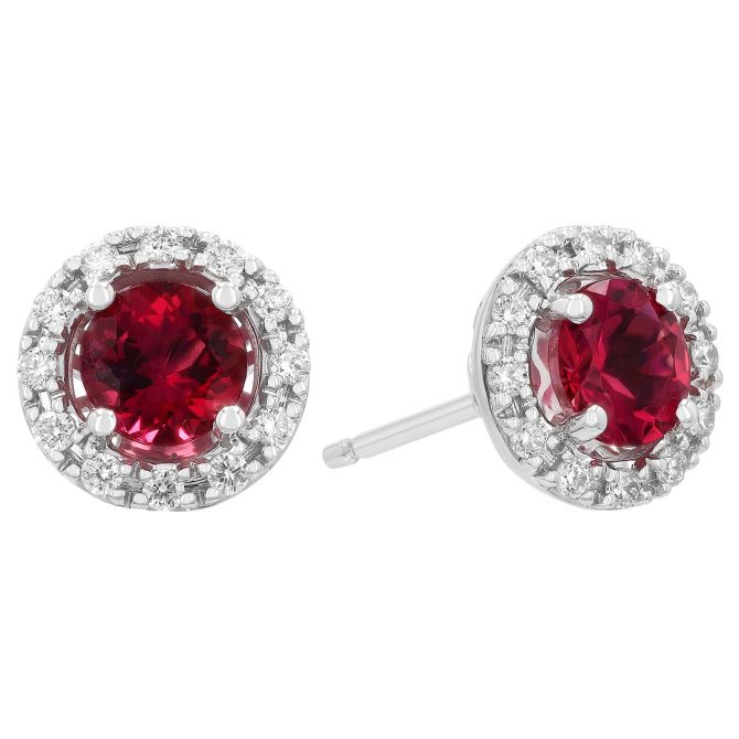 Round Pink Tourmaline & Diamond Halo Stud Earrings in White Gold