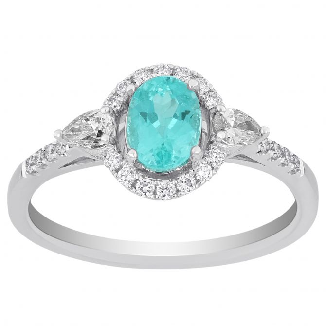 Oval Paraiba Tourmaline Ring with Pear Shaped Diamonds & Halo in White Gold