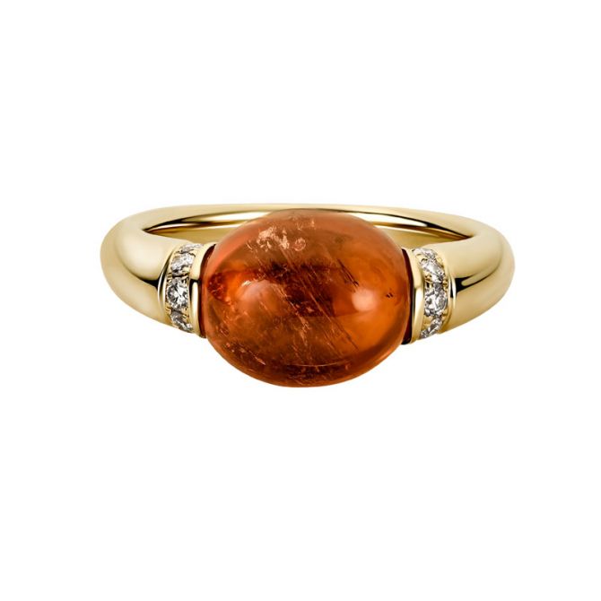 Oval Orange Tourmaline Cabochon Ring in Yellow Gold with Diamond Rondelles