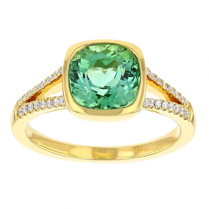 Cushion Green Tourmaline Bezel Set Ring with Diamond Split Shank in Yellow Gold