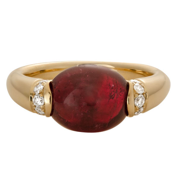 Oval Rubellite Tourmaline Cabochon Ring in Yellow Gold with Diamond Rondelles