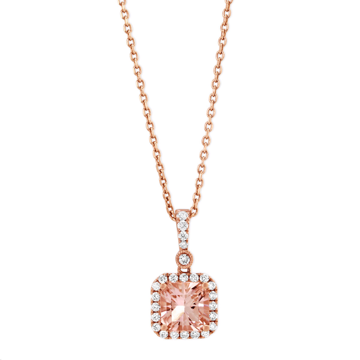 14K Rose Gold Cushion Morganite and Diamond Halo Pendant, 18