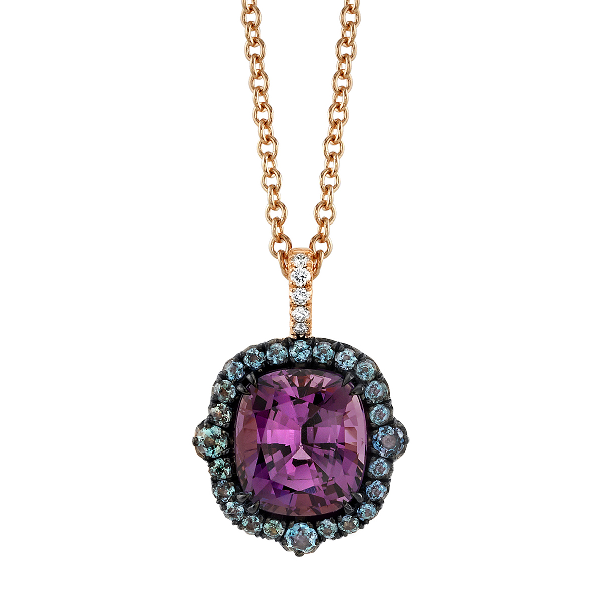 Omi Prive Cushion Purple Spinel, Alexandrite & Diamond Halo Pendant in ...