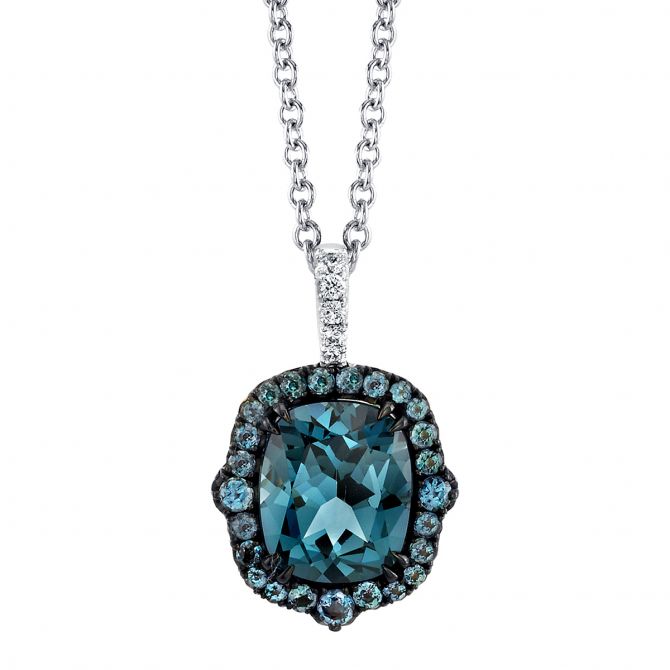 Omi Prive Cushion Blue Spinel, Alexandrite & Diamond Halo Pendant in White Gold