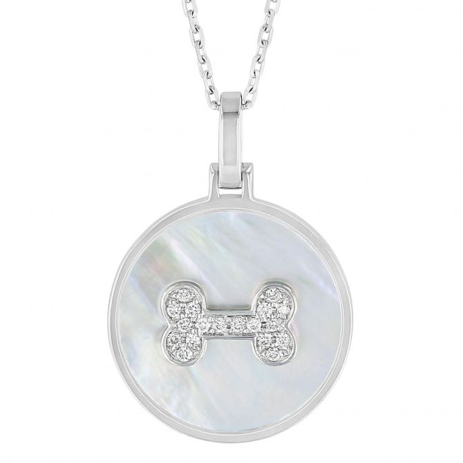 Frederic Sage White Mother of Pearl & Diamond Dog Bone Pendant in White Gold