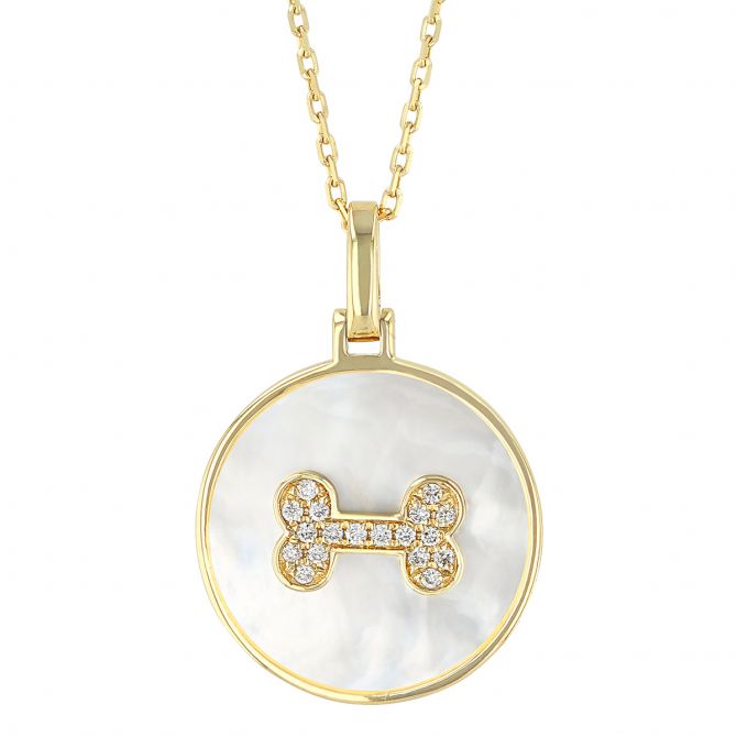 Frederic Sage White Mother of Pearl & Diamond Dog Bone Pendant in Yellow Gold