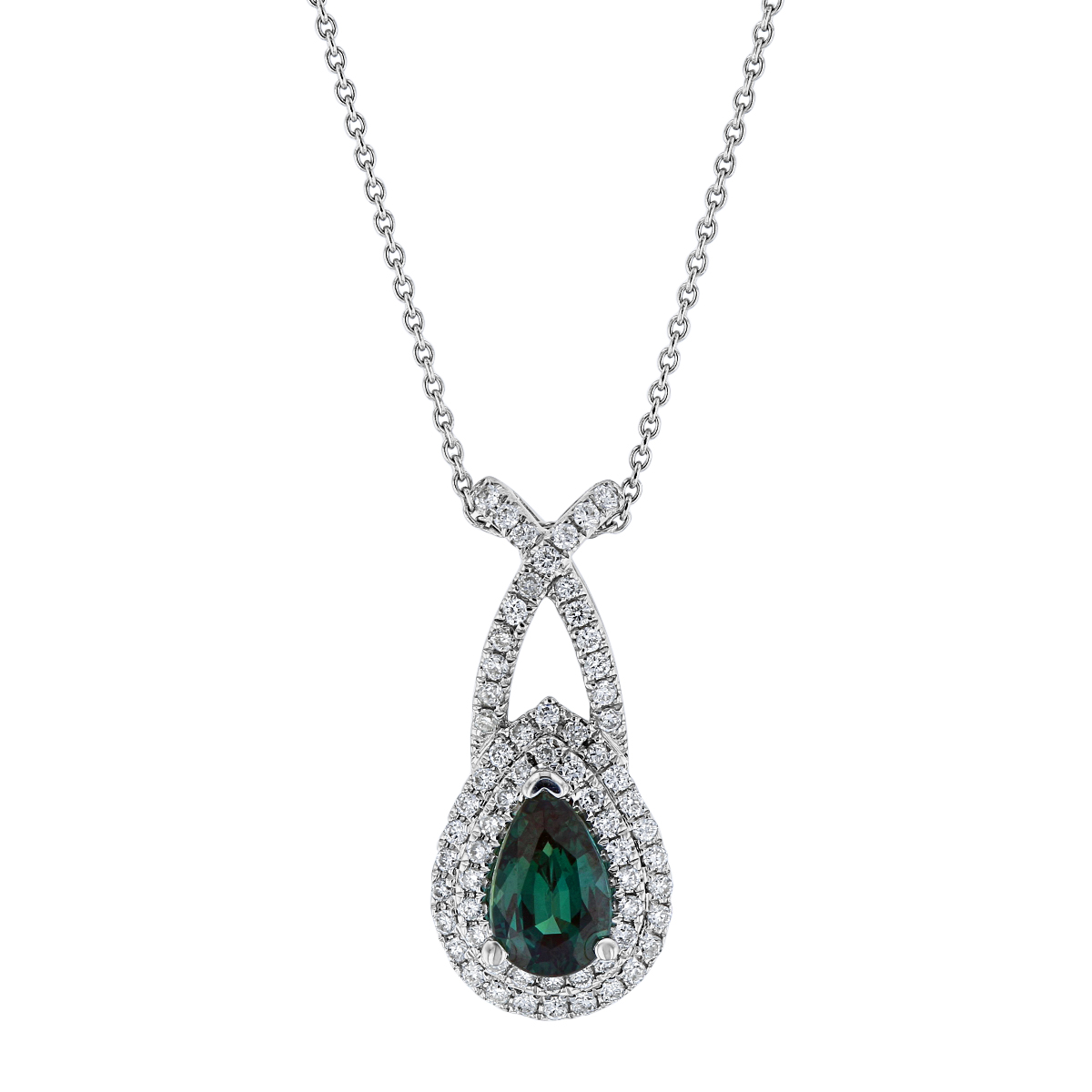 Pear Shaped Alexandrite & Diamond Halo Pendant with Criss Cross Bail in ...