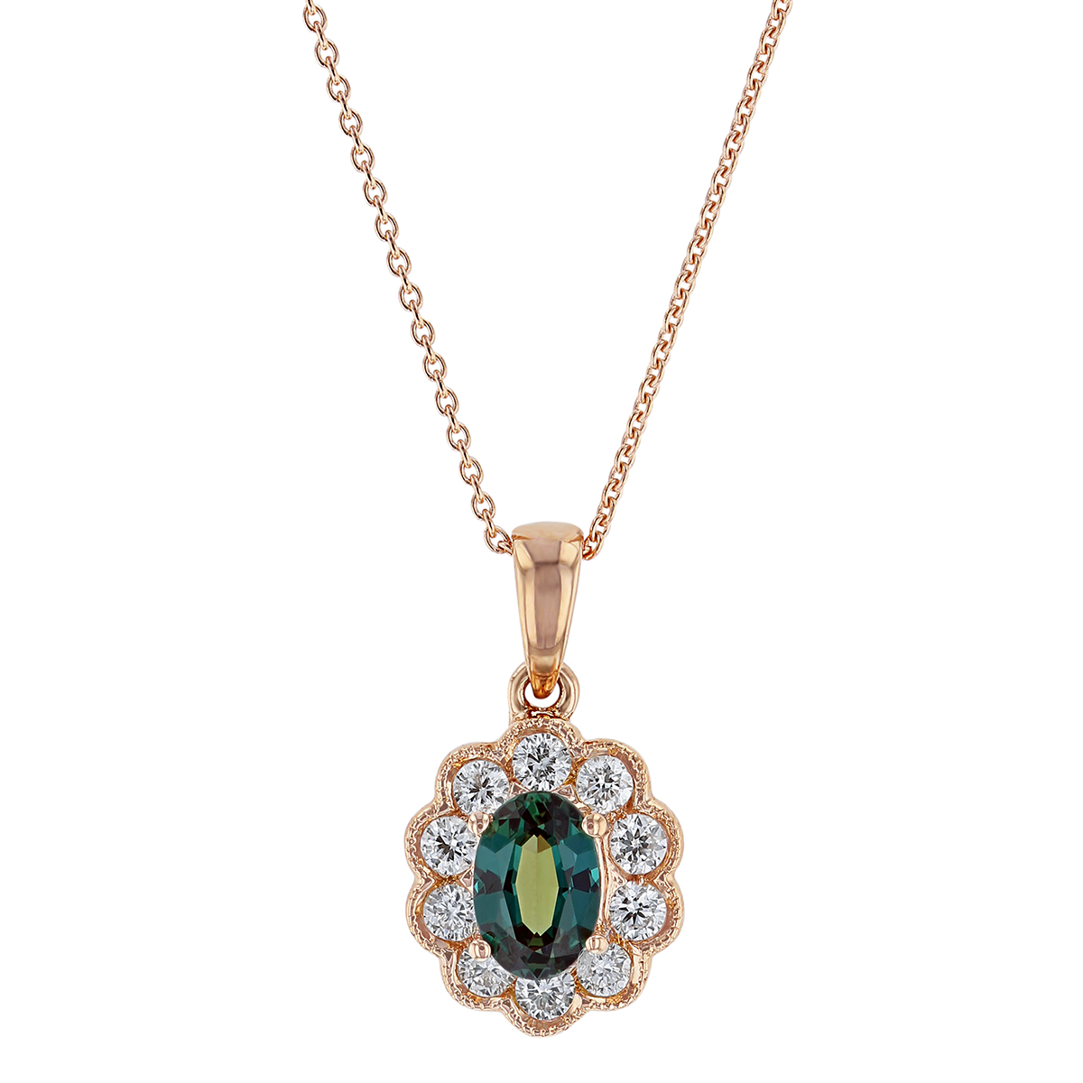 Oval Alexandrite Pendant with Scalloped Diamond Milgrain Halo in Rose ...