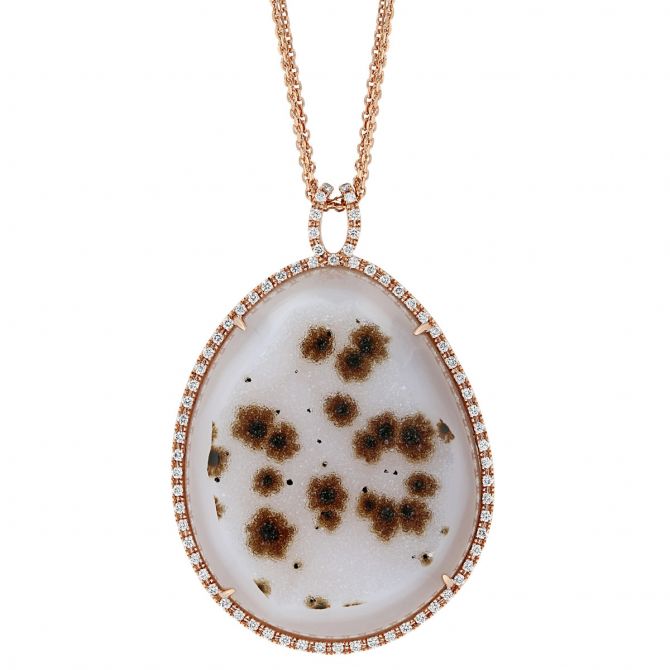 Freeform Oval Druzy Quartz  & Petite Diamond Halo Pendant in Rose Gold, 18"