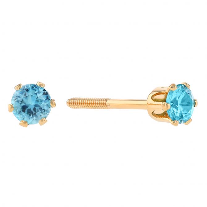 Children's Blue Zircon Stud Earrings in Yellow Gold