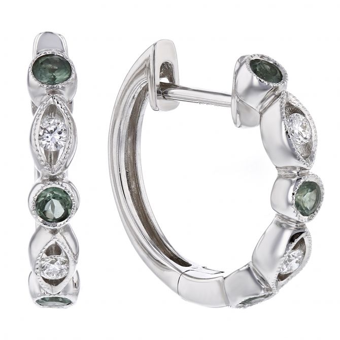 14K White Gold Alexandrite & Diamond Round & Navette Bezel Set Station Hoop Earrings