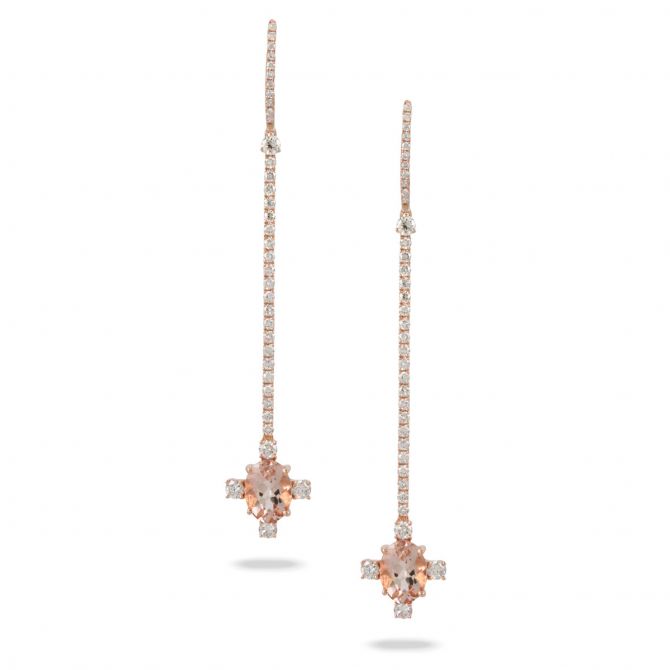 Doves Rose Oval Morganite & Diamond Long Bar Drop Earrings in Rose Gold